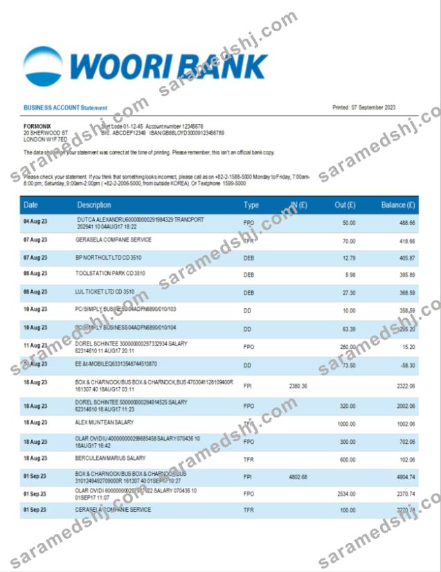 Woori Bank business statement Word and PDF template
